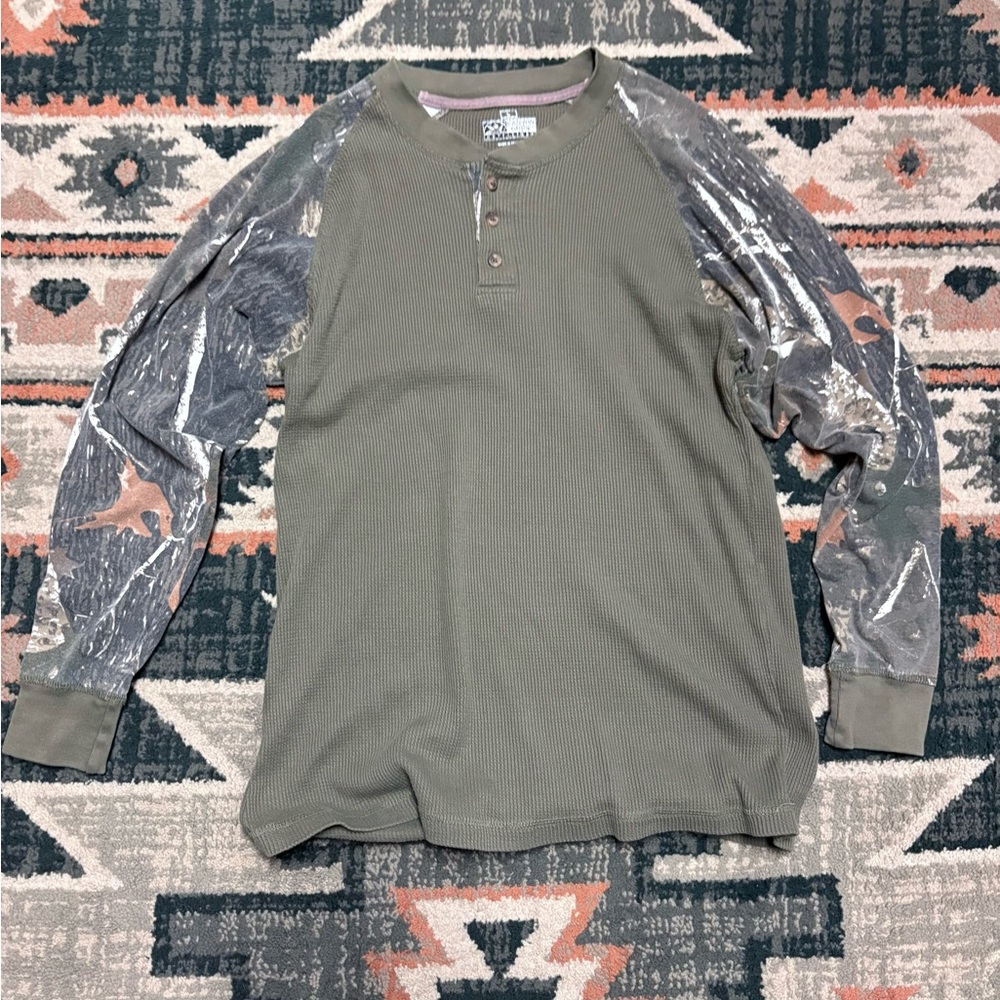 Vintage Green Henley Shirt with Camouflage Sleeves